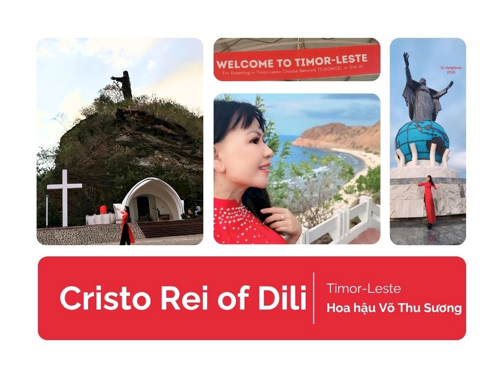 Hoa hậu Võ Thu Sương tham quan tượng Chúa Jesus Cristo Rei of Dili