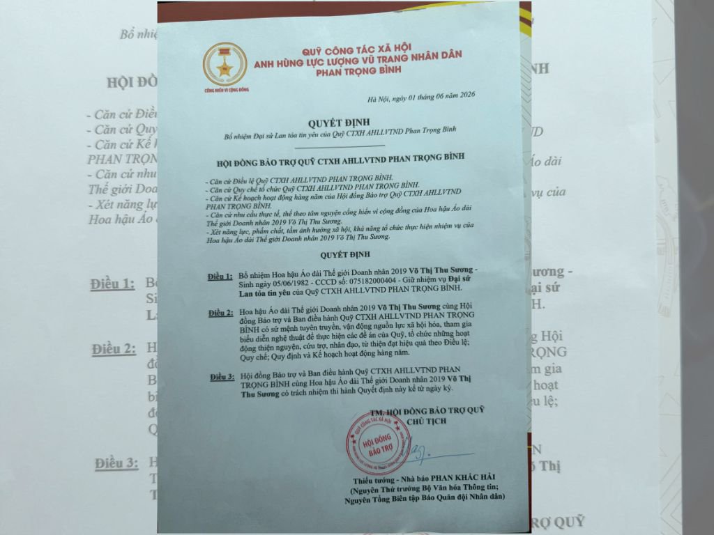 Hoa hậu Võ Thu Sương được bổ nhiệm Đại sứ Lan tỏa tin yêu của Quỹ Công tác xã hội Anh hùng Phan Trọng Bình
