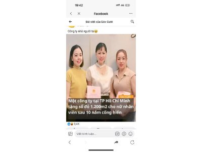 Góc Cười trên Facebook đưa tin Một công ty tại TP Hồ Chí Minh tặng sổ đỏ 1.200m2 cho nữ nhân viên sau 10 năm cống hiến