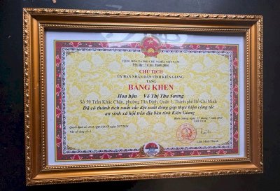 Bằng khen UBND tỉnh Kiên Giang: Hoa hậu Võ Thu Sương đã có thành tích xuất sắc đột xuất đóng góp thực hiện công tác an sinh xã hội trên địa bàn tỉnh Kiên Giang