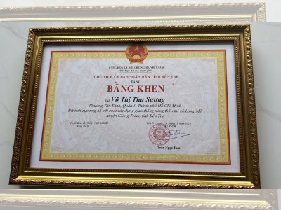 Hoa hậu Võ Thu Sương nhận bằng khen vì tích cực ủng hộ vật chất xây dựng giao thông nông thôn tại xã Long Mỹ, huyện Giồng Tôm, tỉnh Bến Tre