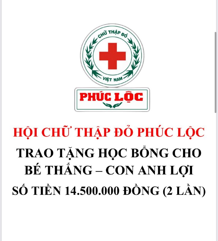 Hội chữ thập đỏ Phúc Lộc hỗ trợ học bổng cho con Võ Minh Thắng, Võ Trung Quân từ lớp 6 đến lớp 12 (chương trình 5)